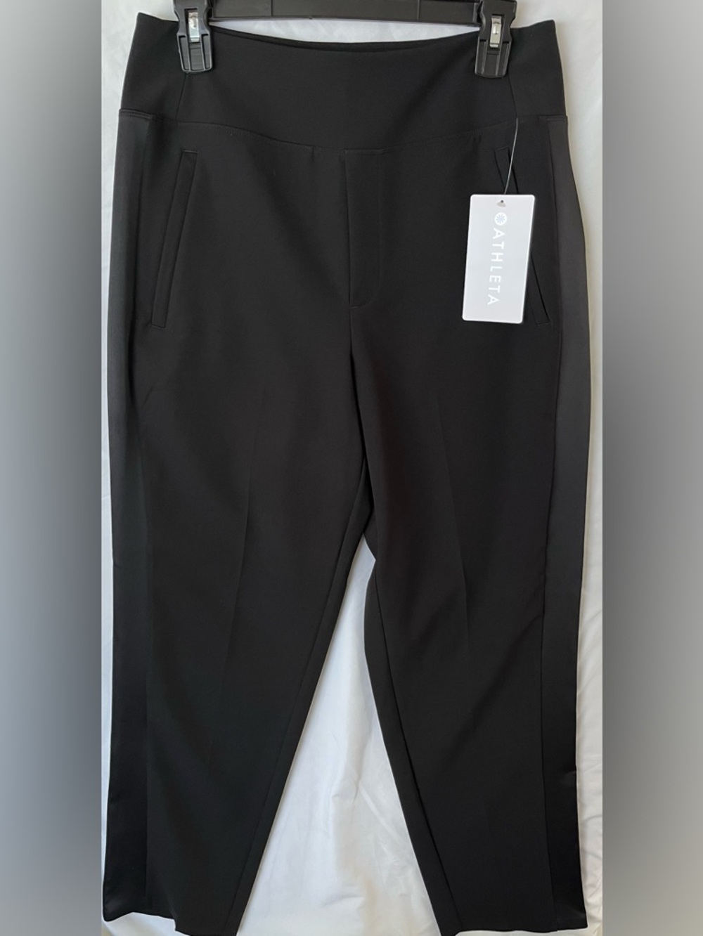 Athleta women’s Black Ponte Slim Pull-On Pants with tuxedo look pants